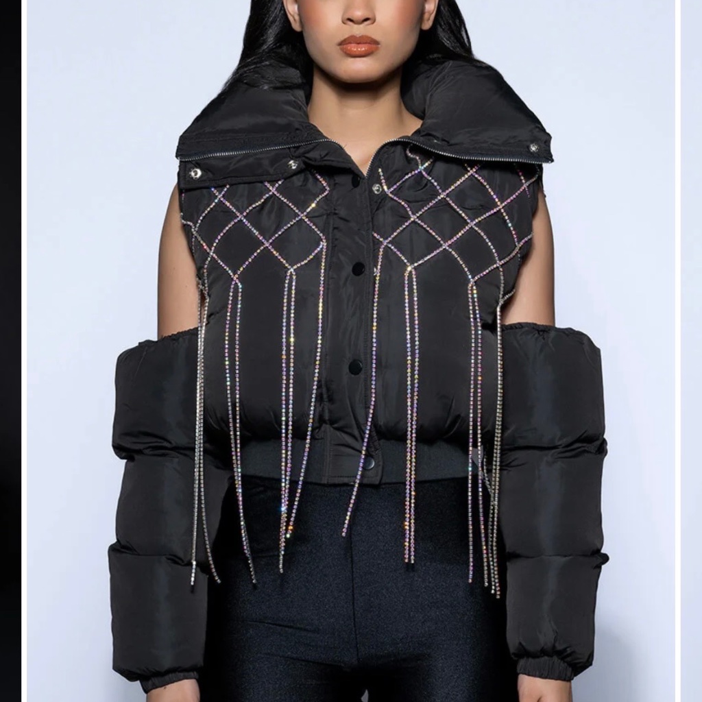 Akira Black Cold-Shoulder Puffer Coat With Iridescent Rhinestones Size M